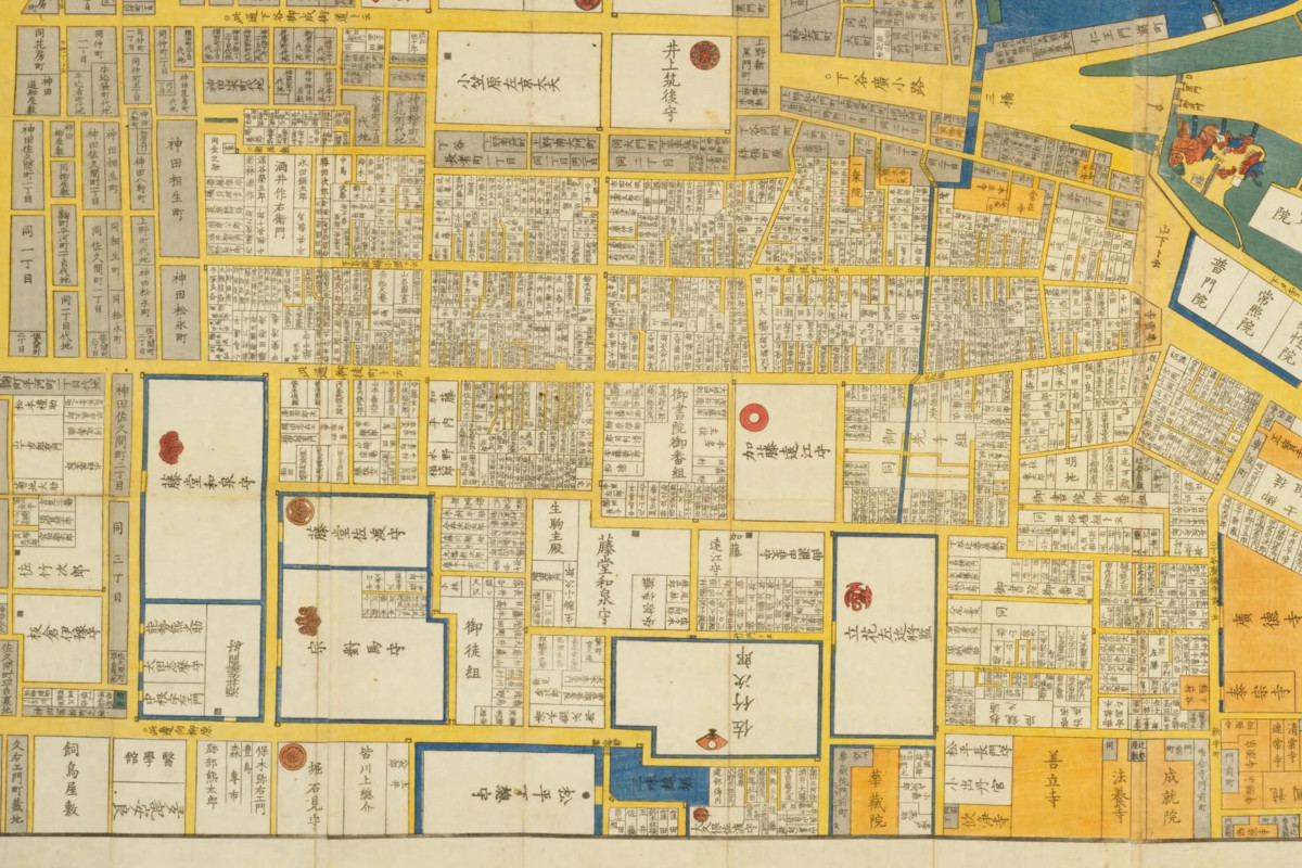 江戸時代末期の下谷エリア。右が北で、中央下部が三味線堀（国立国会図書館デジタルコレクションより『江戸切絵図 東都下谷絵図』の一部）。
